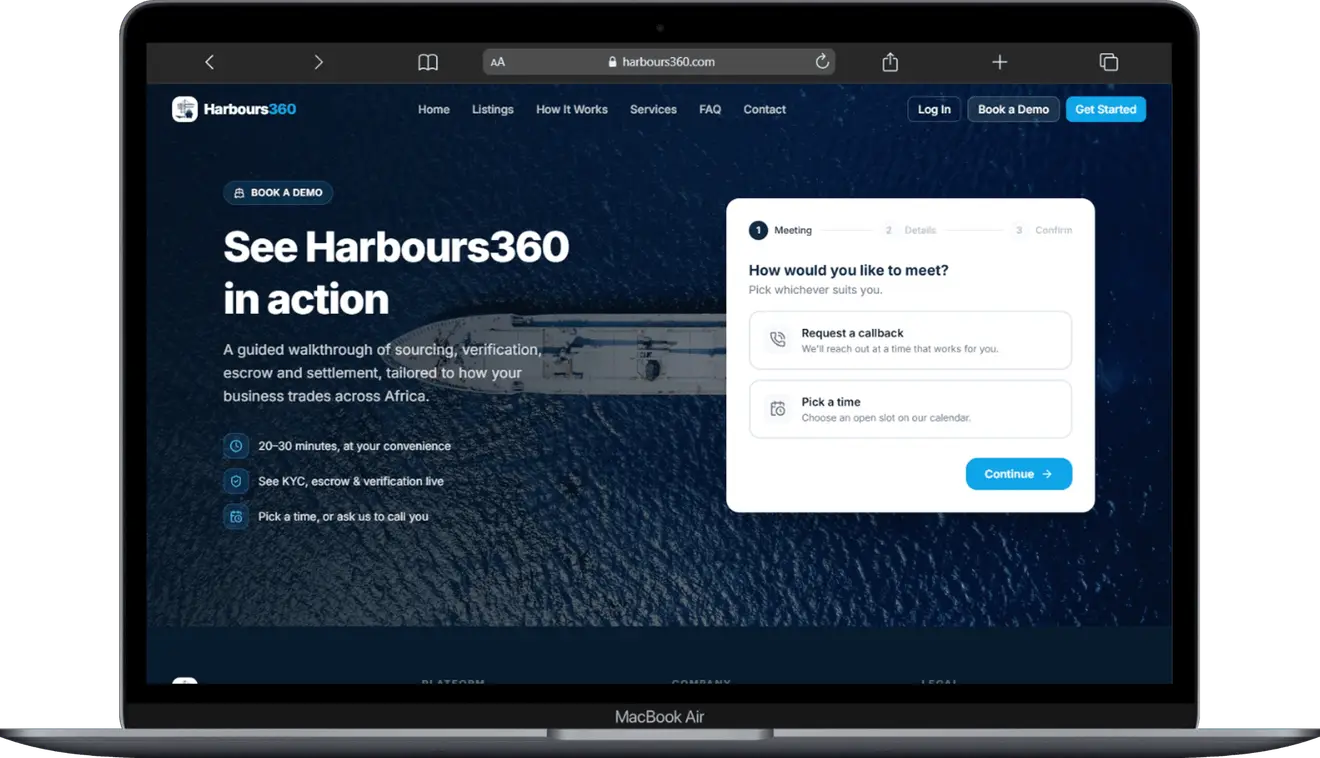 The Harbours360 demo booking page, offering a callback or a chosen slot in a three-step flow