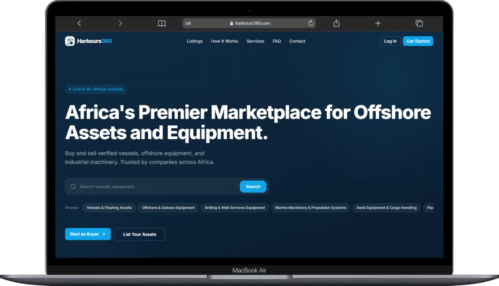 The Harbours360 marketplace home page on a laptop, with a search bar and category filters for vessels, offshore equipment and marine machinery