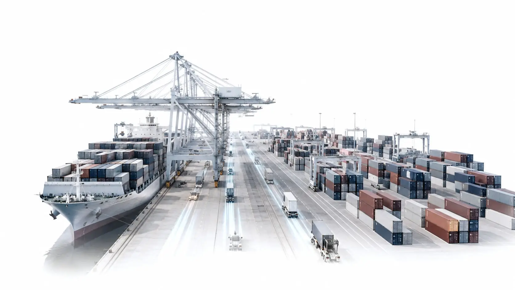 Container terminal at blue hour with gantry cranes over a stacked yard
