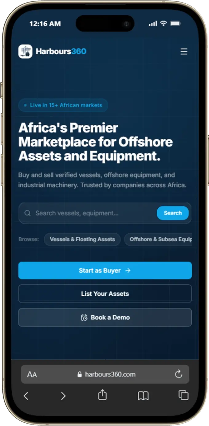 The Harbours360 home page on a phone, with the search field and the buyer and seller entry points stacked for a small screen