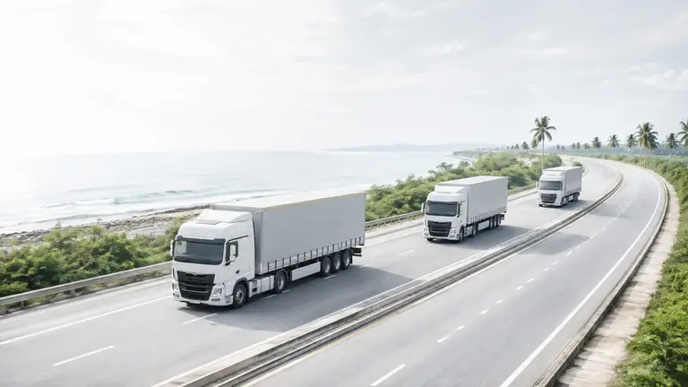 Haulage fleet on a coastal highway at dawn
